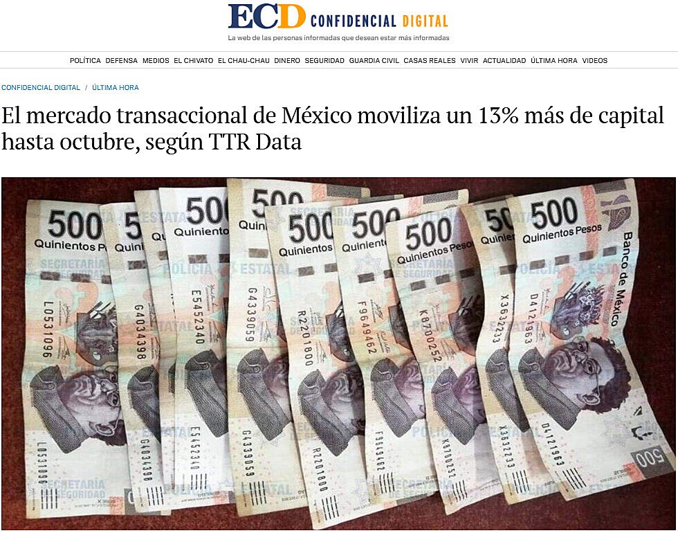 El mercado transaccional de Mxico moviliza un 13% ms de capital hasta octubre, segn TTR Data